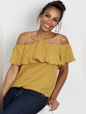 Maurices Mustard Off-Shoulder Ruffle Halter Top Size 2 plus size